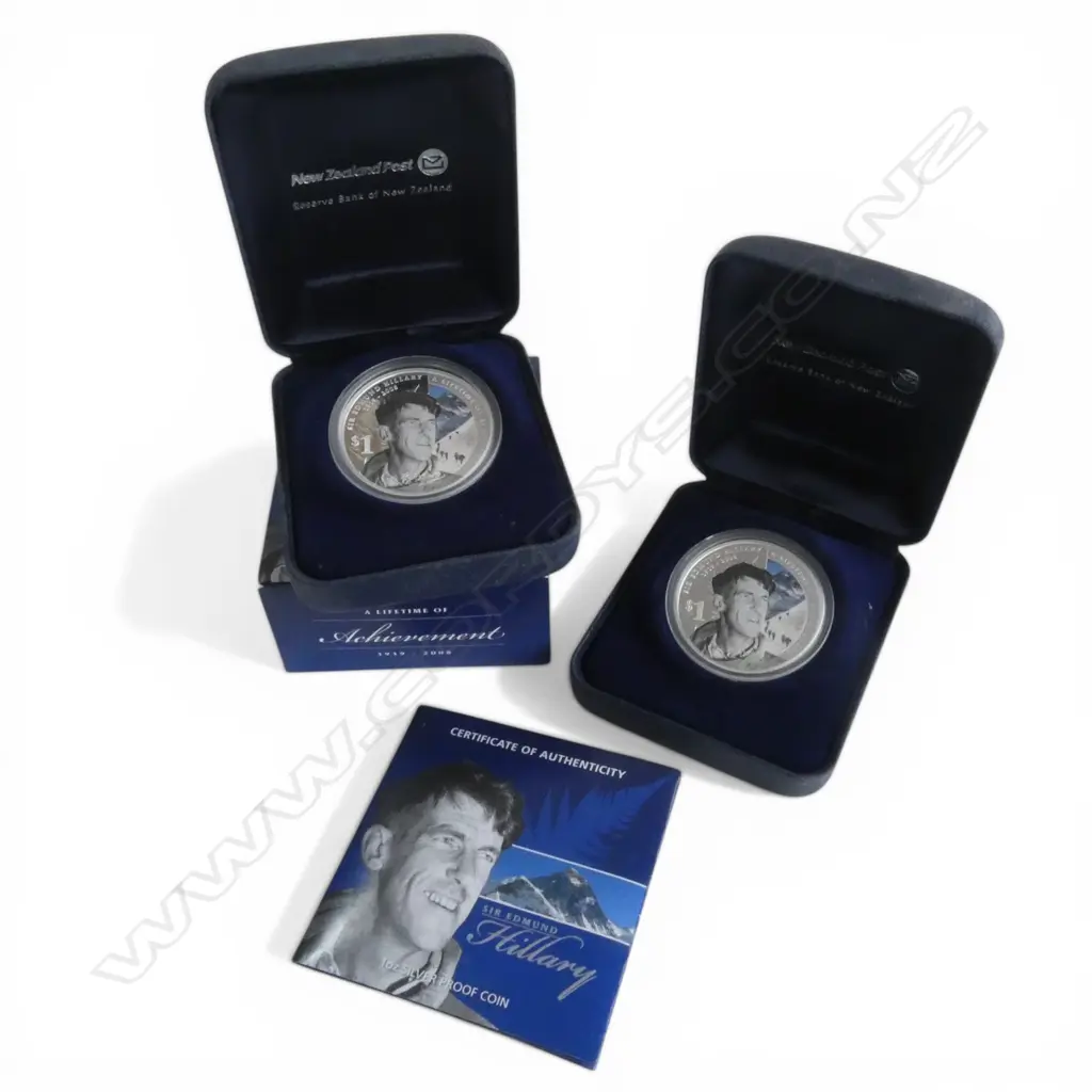 2 CASED 2008 SIR EDMUND HILLARY .999 SILVER PROOF $1 COINS 2oz TW Image 1++
