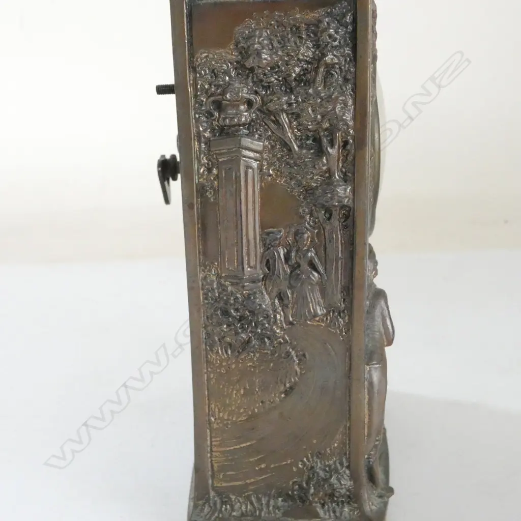 LATE 19thC COPPER FINSHED EUROPEAN MANTLE CLOCK courting couple in relief. Running. H.146mm Image 1++