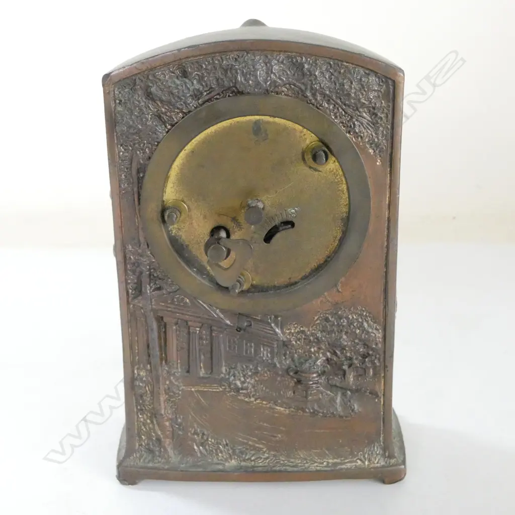 LATE 19thC COPPER FINSHED EUROPEAN MANTLE CLOCK courting couple in relief. Running. H.146mm Image 1++