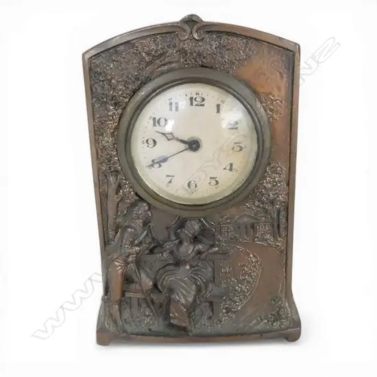 LATE 19thC COPPER FINSHED EUROPEAN MANTLE CLOCK courting couple in relief. Running. H.146mm