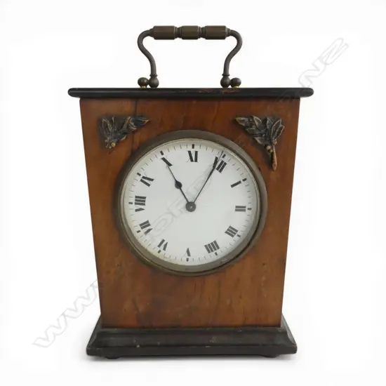 19thC mahogany cased CARRIAGE TYPE MANTLE CLOCK quality French brass movement. Running. H.185mm