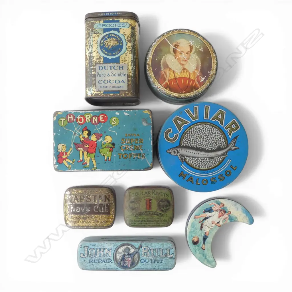 8 OLD TINS - DUTCH COCOA, CAVIAR, JOHN BULL W. CONTENTS, CAPSTAN ETC Image 1++