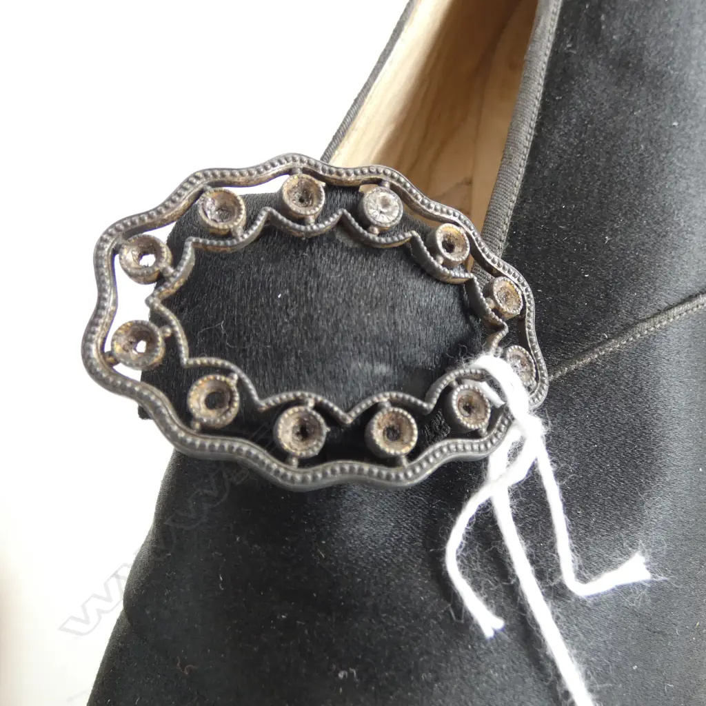 PR 1920'S BLACK SILK LADIES SHOES metal buckles w stones missing named James Marshall & Co. Adelaide Image 1++