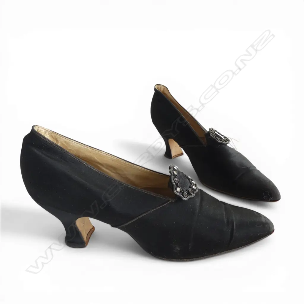 PR 1920'S BLACK SILK LADIES SHOES metal buckles w stones missing named James Marshall & Co. Adelaide Image 1++