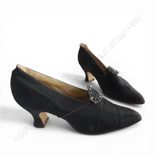 PR 1920'S BLACK SILK LADIES SHOES metal buckles w stones missing named James Marshall & Co. Adelaide