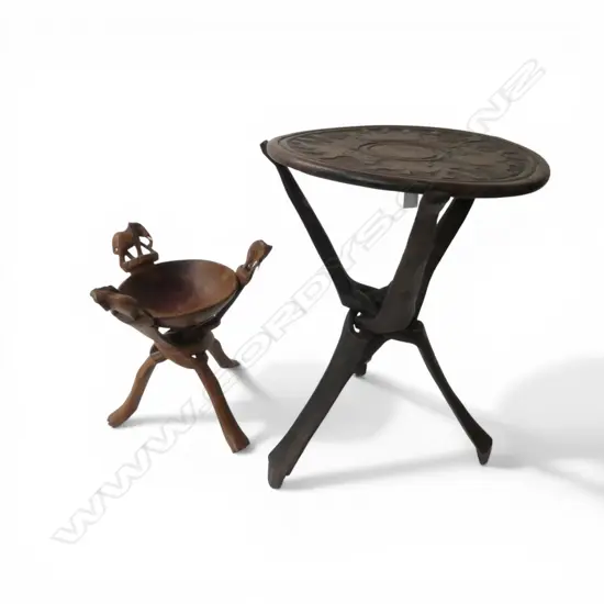 AFRICAN CHESS BOARD TABLE & ELEPHANT BOWL H.475mm