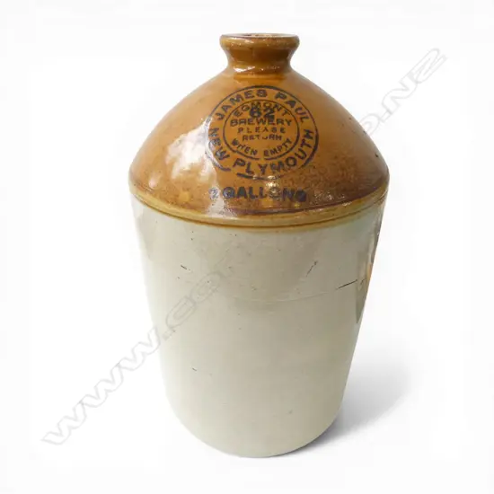 JAMES PAUL EGMONT BREWERY NEW PLYMOUTH EARLY STONEWARE CROCK A/F, H.390MM