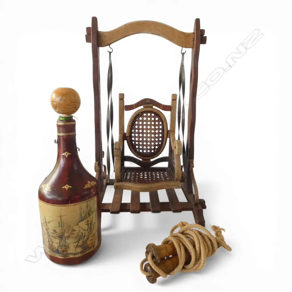 VINTAGE DOLL'S SWING, H.530mm, SKIPPING ROPE & ITALIAN LEATHER BOUND BOTTLE Image 1++