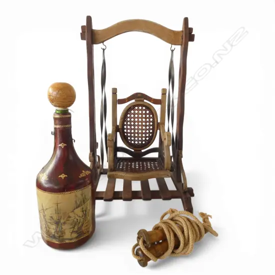 VINTAGE DOLL'S SWING, H.530mm, SKIPPING ROPE & ITALIAN LEATHER BOUND BOTTLE