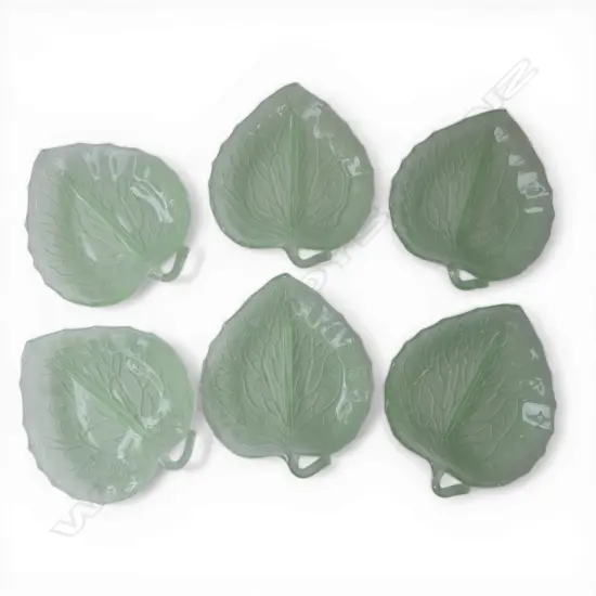 SIX VINTAGE GREEN GLASS LEAF SERVING DISHES BAGLEY & CO UK, L.230MM