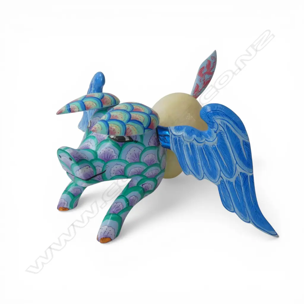 MEXICAN PAINTED WOODEN FLYING PIG L.310mm Image 1++