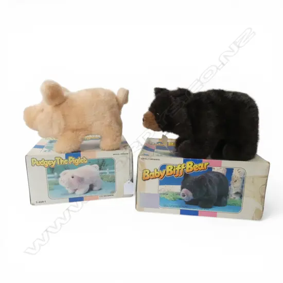 TWO VINTAGE BATTERY OP. TOY ANIMALS- PUDGY PIGLET & BABY BIFF BEAR - BOXED
