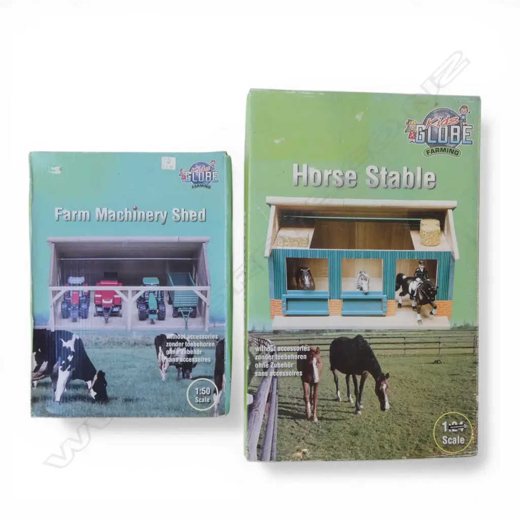 2 KIDS GLOBAL MODEL KITS; 1:50 FARM MACHINERY & 1:24 HORSE STABLE both sealed Image 1++