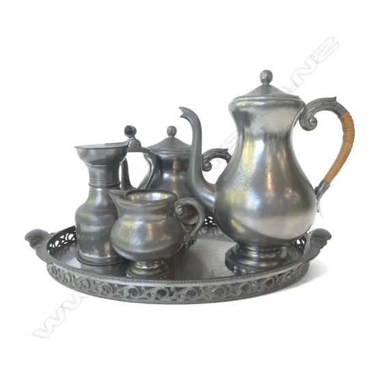 PEWTER 4-PIECE TEA/COFFEE SERVICE ON TRAY H.270mm