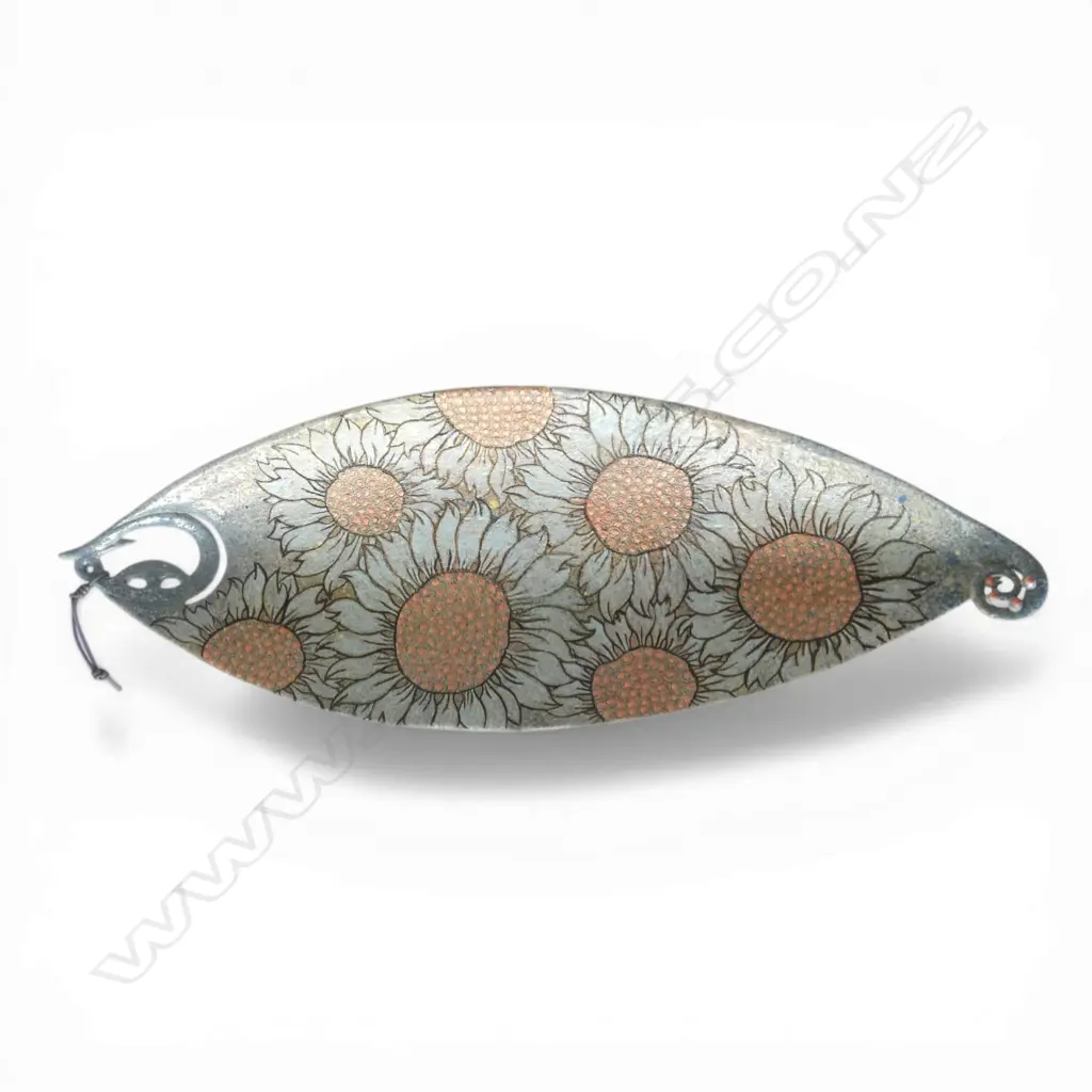 KEUM SUN LEE FISH SHAPED PLATTER pale blue w flower, koru & fish hook detail, L.480mm Image 1++