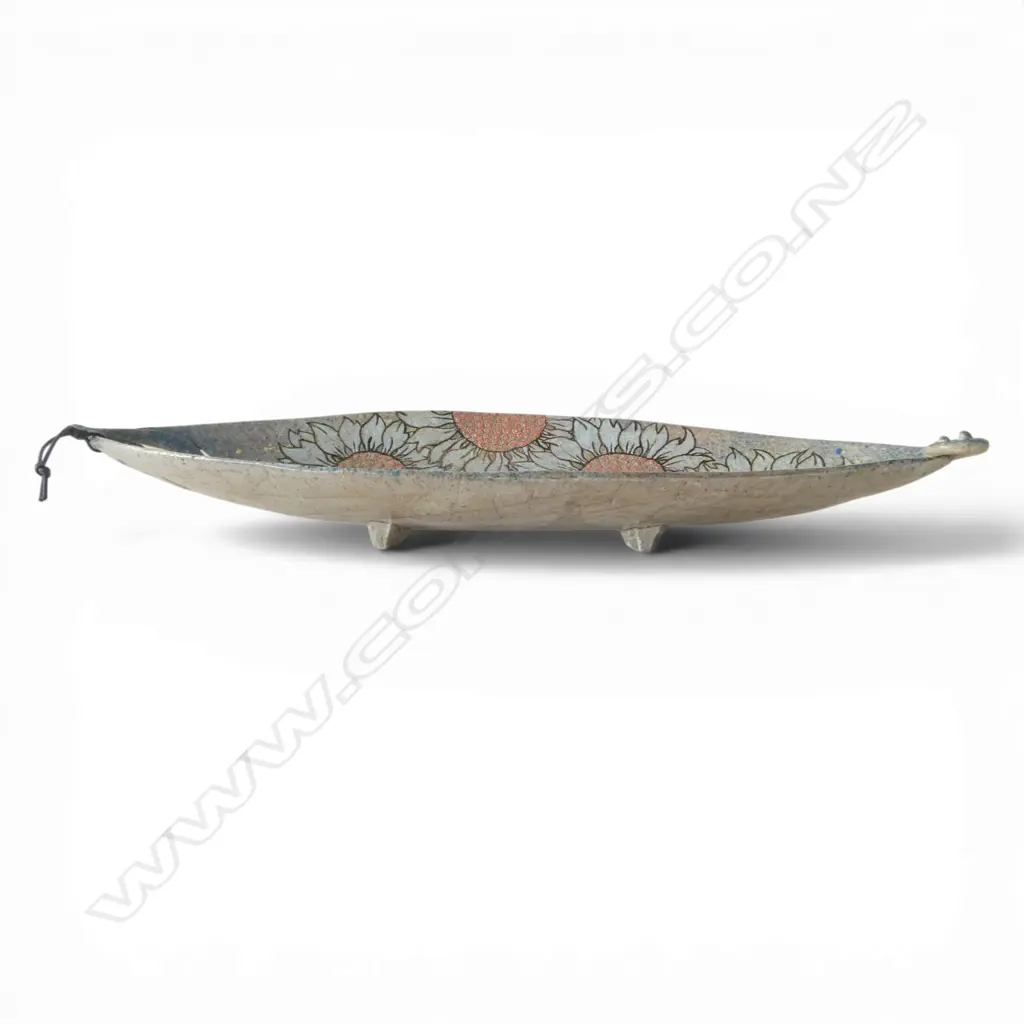 KEUM SUN LEE FISH SHAPED PLATTER pale blue w flower, koru & fish hook detail, L.480mm Image 1++