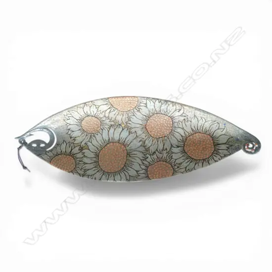 KEUM SUN LEE FISH SHAPED PLATTER pale blue w flower, koru & fish hook detail, L.480mm