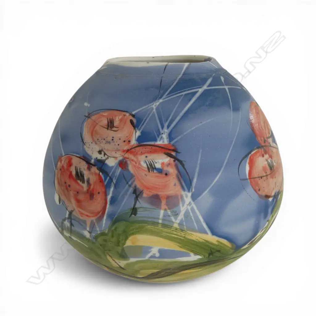 Royce McGlashen poppy fields painted vase matt finish red blue green dominant tones. Impressed potter's mark. H.180mm. Image 1++