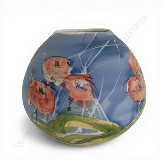 Royce McGlashen poppy fields painted vase matt finish red blue green dominant tones. Impressed potter's mark. H.180mm.