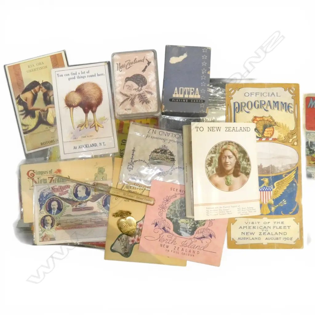 NZ VINTAGE paper & card SOUVENIRS: 2 playing card sets + postcards + 3 programme 1908 American Fleet visit etc Image 1++