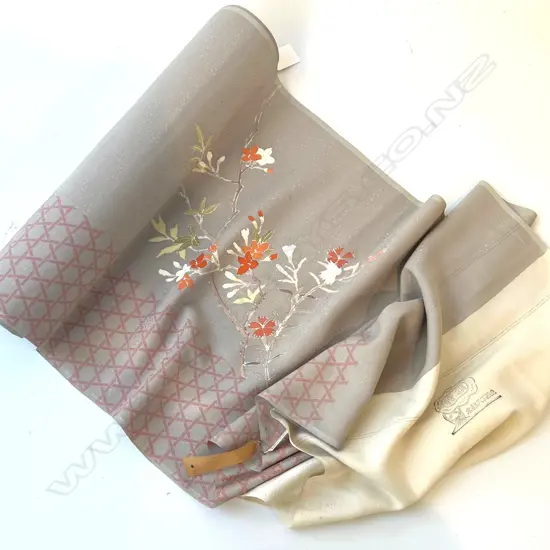 Unused 1980's NISHIJIN TEXTILE (Kyoto) JAPANESE grey w basket weave & blossom SILK ROLL. L.12m. W.360mm. New old stock