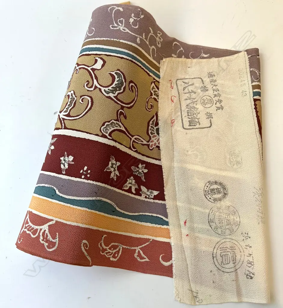 Unused 1980's NISHIJIN TEXTILE (Kyoto) JAPANESE striped floral & vine pattern SILK ROLL. L.12m. W.360mm. New old stock Image 1++