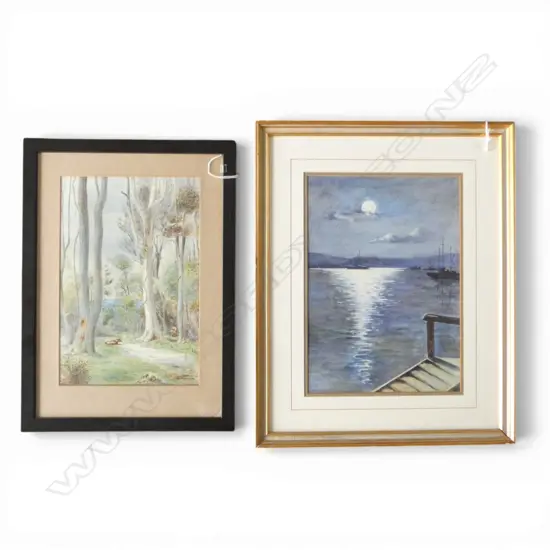 ARTIST UNKOWN MOONLIT PORT, W/C, 330x230mm + L.J. WATKIN, LANDSCAPE (1902), W/C