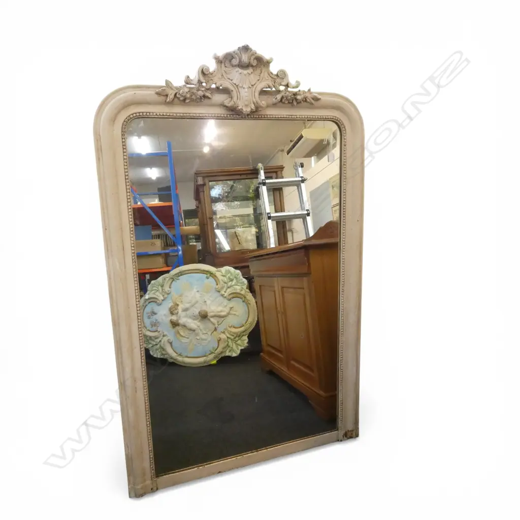 19THC WHITE PAINTED OVERMANTEL MIRROR WITH SCROLL CARVED PEDIMENT. 1555 x 960mm Image 1++