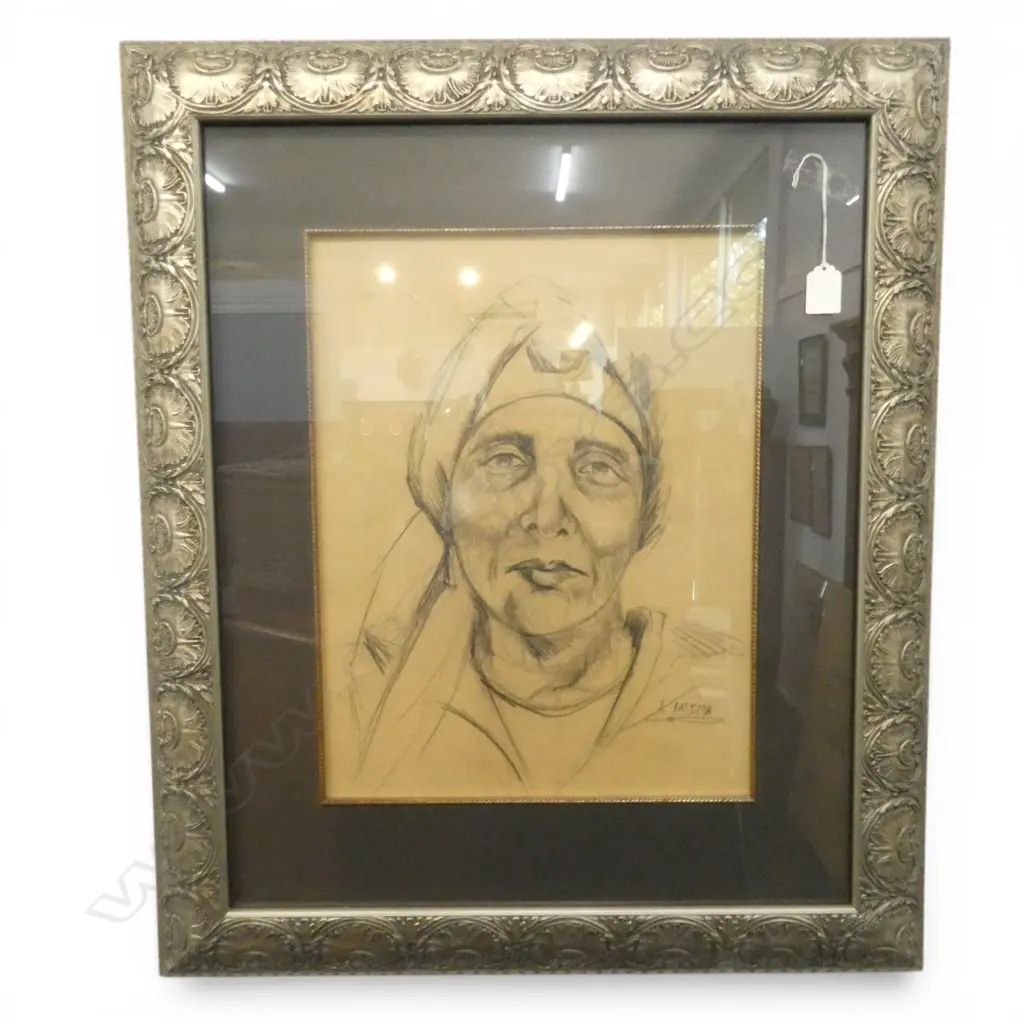 SIGNED K FATIMA, PORTRAIT OF A WOMAN, CHARCOAL, 430 X 330mm (housed in decorative silver frame) Image 1++