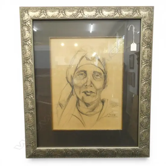SIGNED K FATIMA, PORTRAIT OF A WOMAN, CHARCOAL, 430 X 330mm (housed in decorative silver frame)