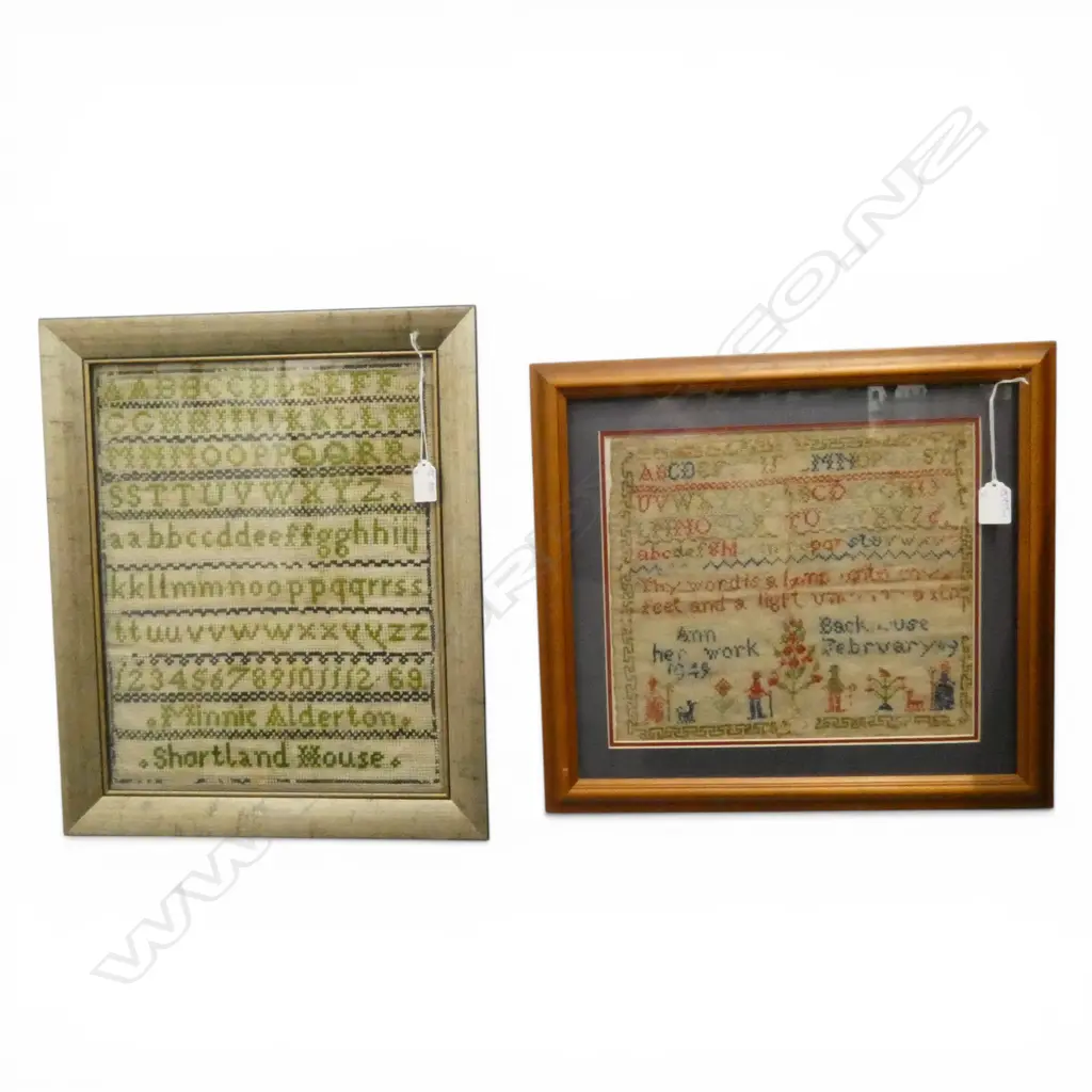 2 FRAMED ANTIQUE SAMPLERS; ALBERTON HOUSE 390x320 & ANN BACKHOUSE 270x310mm Image 1++