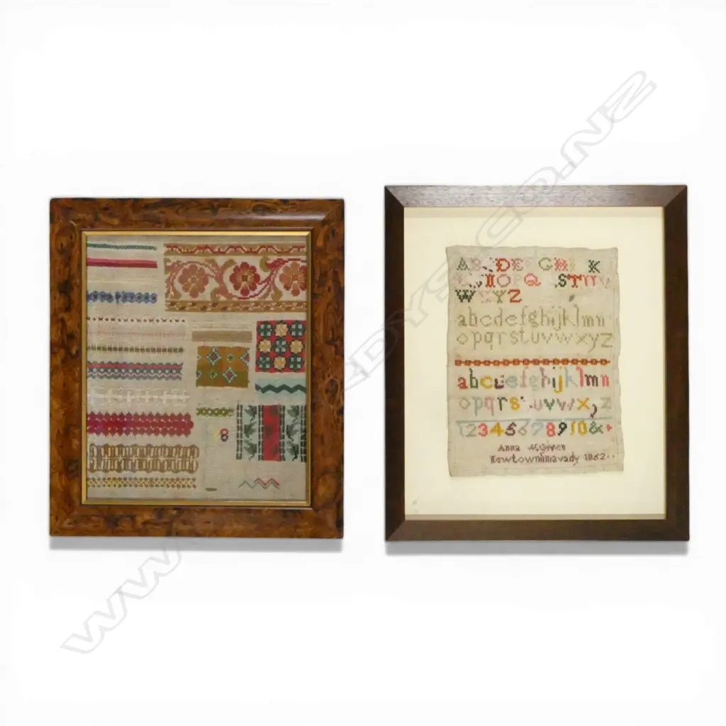 2 FRAMED ANTIQUE SAMPLERS; ANNA 1852 250x190 + OTHER 290x240mm Image 1++