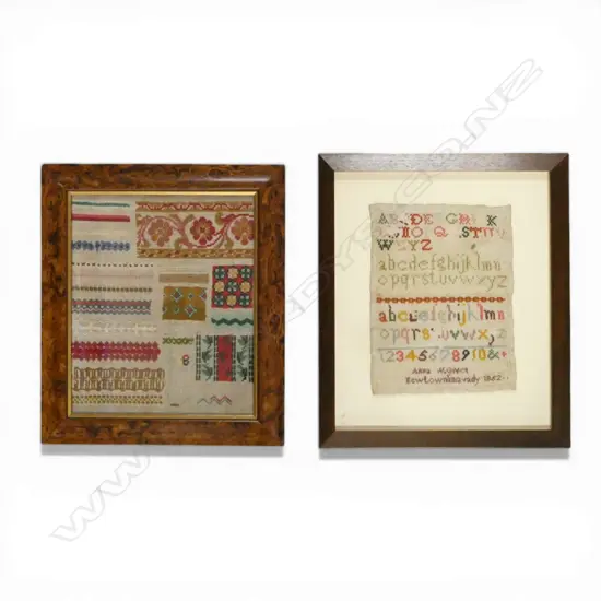 2 FRAMED ANTIQUE SAMPLERS; ANNA 1852 250x190 + OTHER 290x240mm