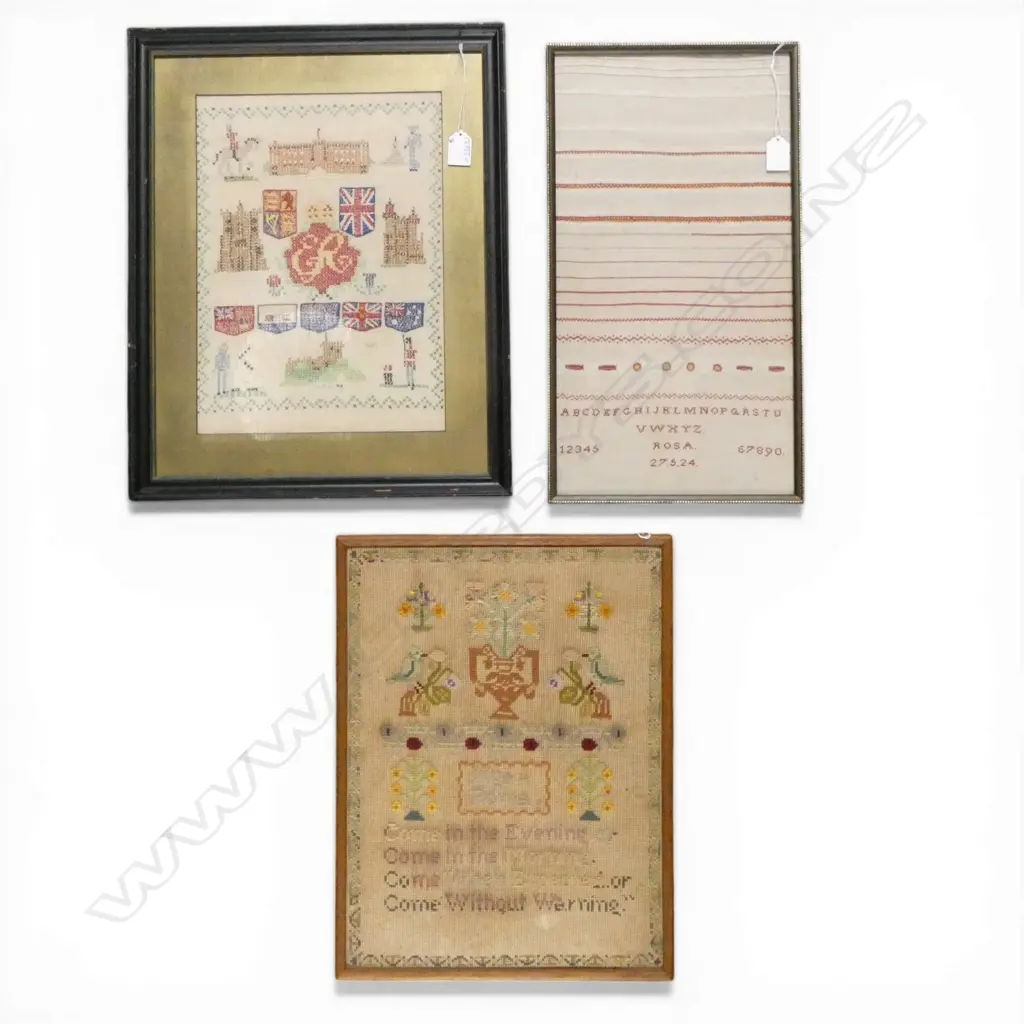3 FRAMED ANTIQUE SAMPLERS; ENGLAND 360x260mm + 2 OTHER Image 1++