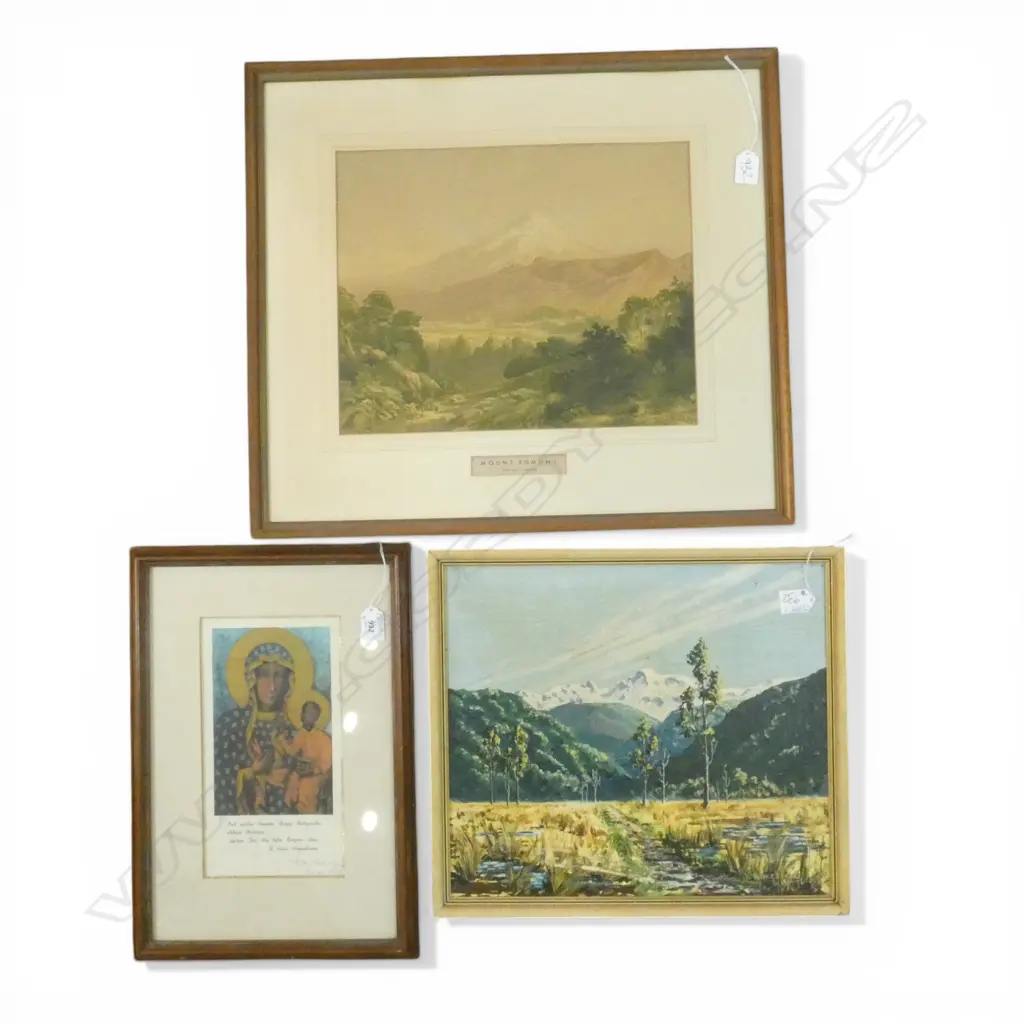 JOHN GULLY, MOUNT EGMONT (1875), CHROMOLITHOGRAPH, 295x370mm + PETER J BAKER & FRAMED ICON, + 2 PRINTS INCL PETER ARNOLD Image 1++