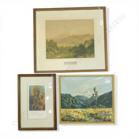 JOHN GULLY, MOUNT EGMONT (1875), CHROMOLITHOGRAPH, 295x370mm + PETER J BAKER & FRAMED ICON, + 2 PRINTS INCL PETER ARNOLD