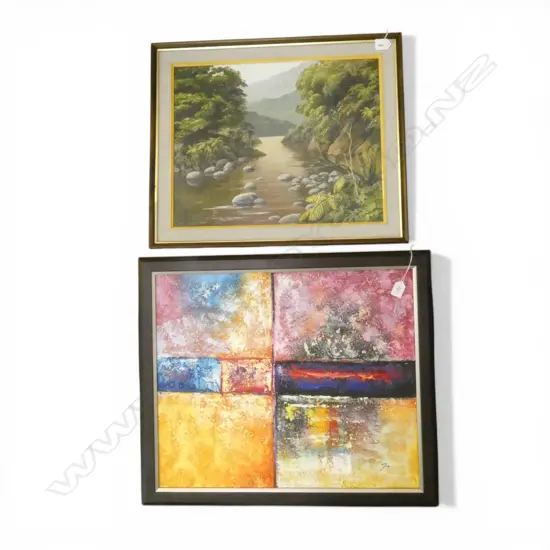 2 PAINTINGS; DIANA L. STEWART, RIVER SCENE, OIL 395x490mm + OTHER SIGNED WORK 490x590mm