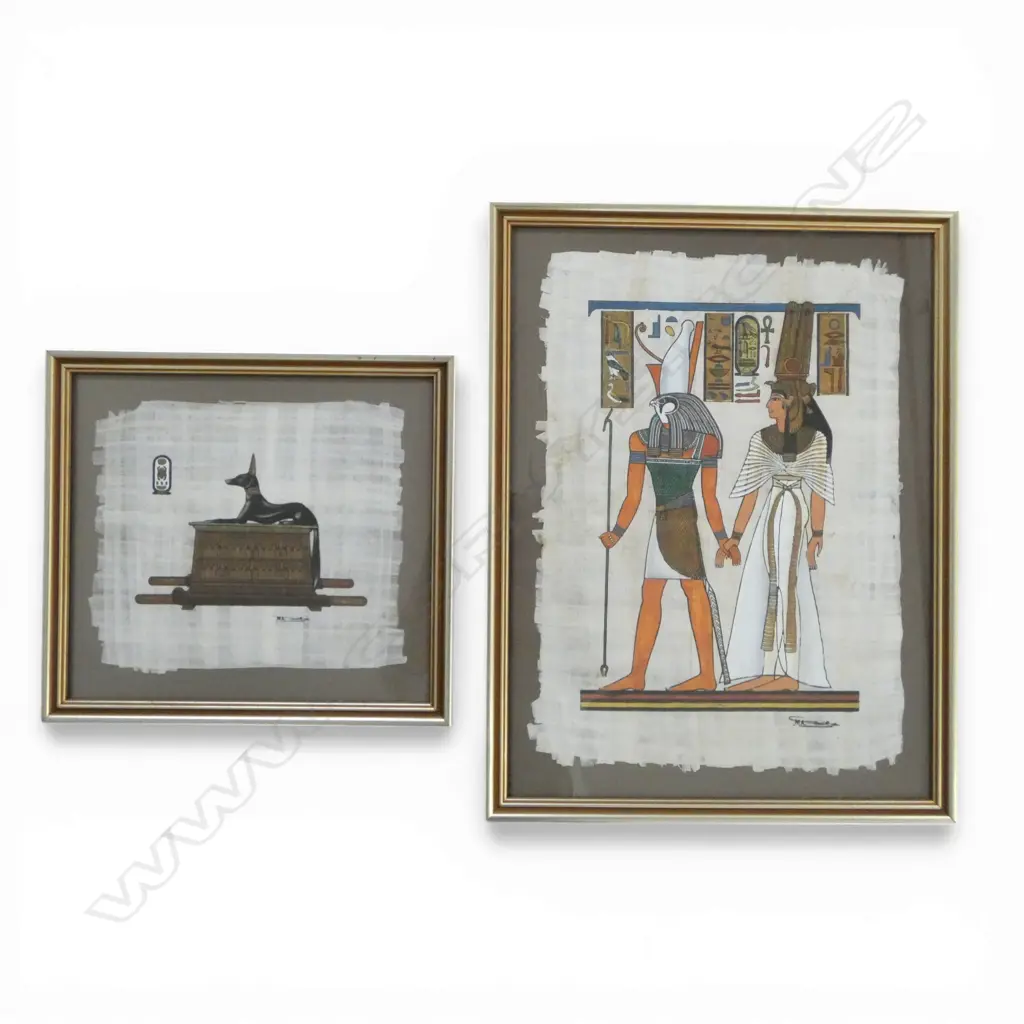 2 EGYPTIAN PAINTINGS on PAPYRUS, God Anubis & Horis & Queen Nefertari, H.240 x 270 & 420  310mm Image 1++