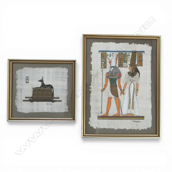 2 EGYPTIAN PAINTINGS on PAPYRUS, God Anubis & Horis & Queen Nefertari, H.240 x 270 & 420  310mm