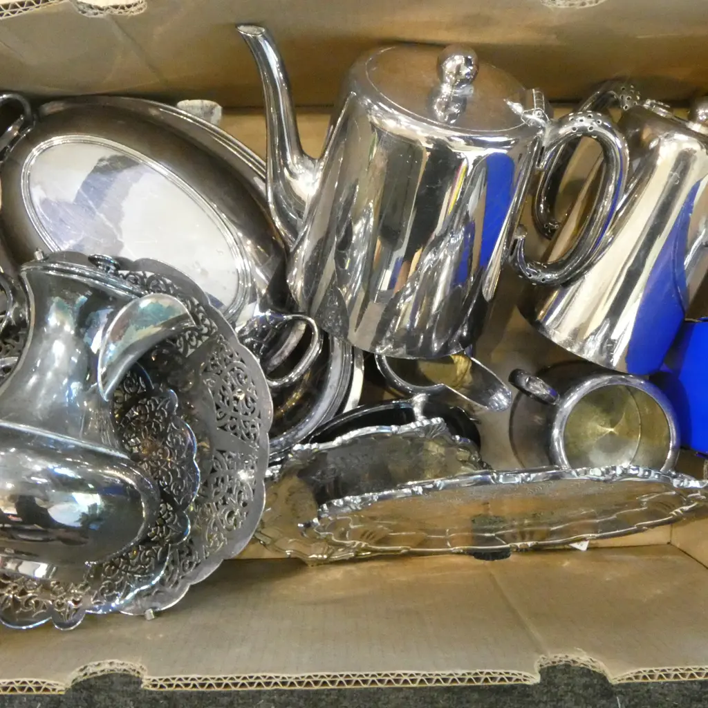 BOX OF ASST SILVER PLATE etc. Image 1++