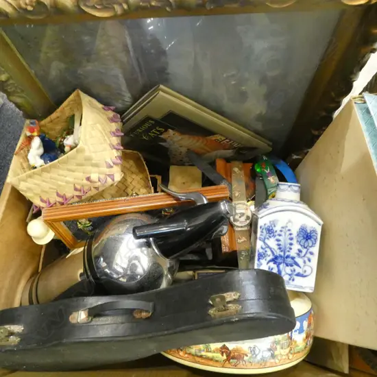 ASST. ITEMS; MINI GUITAR, SIGNED OIL ON CANVAS LANDSCAPE IN GILT FRAME, CERAMICS ETC