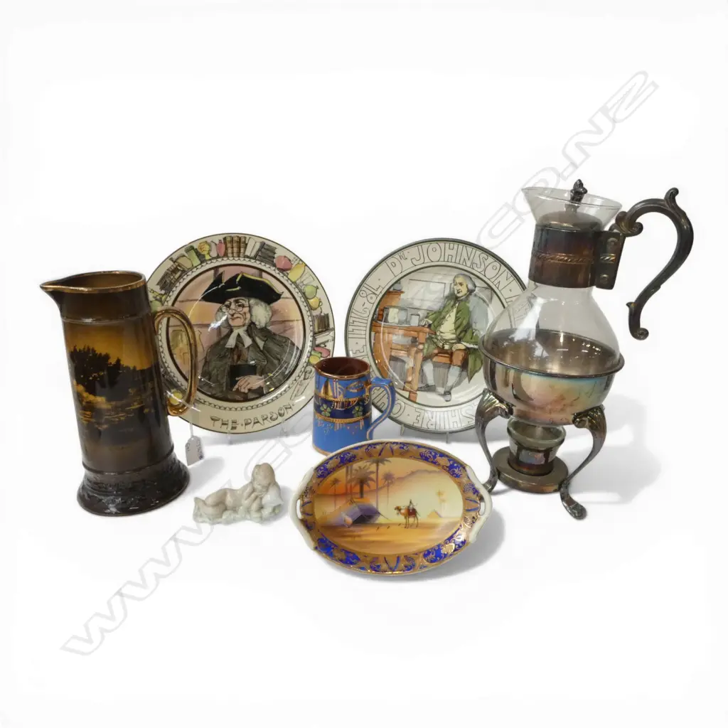 7 PCES; 2 DOULTON PLATES, 2 JUGS: RIDGWAYS ROTORUA H.245mm, COFFEE POT w. BURNER, EGYPTIAN DISH, LLADRO SLEEPING CHILD Image 1++