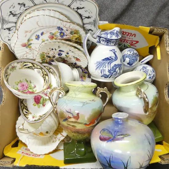 BOX OF MIXED CHINA VASES CONDIMENTS CSPS ETC