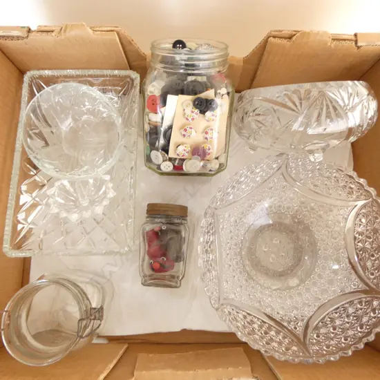 LRG JAR BUTTONS GLASS DISHES ETC, crystal bowl chipped