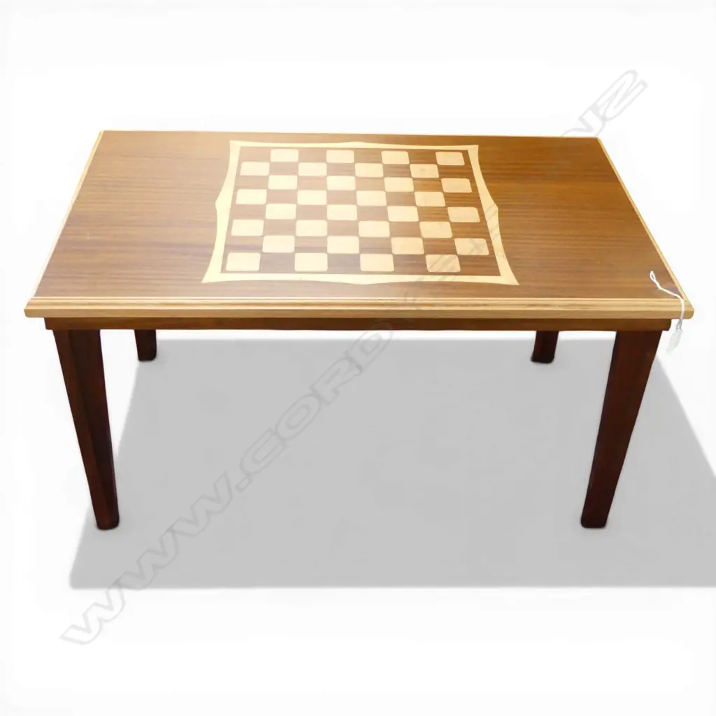 HAND MADE SOLID WOOD TABLE w. CHESS BOARD INLAY & DRAWER BOTH ENDS 865x505x460mm Image 1++