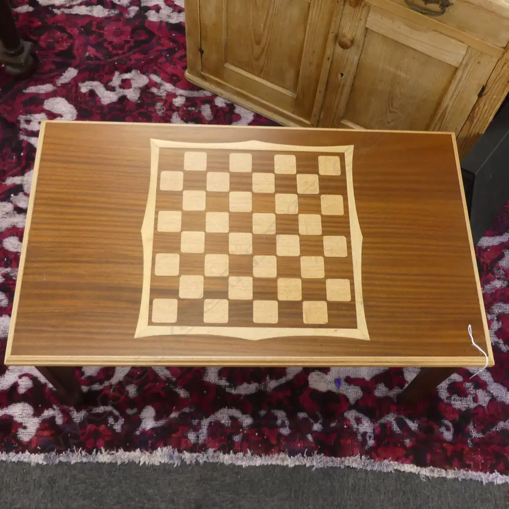 HAND MADE SOLID WOOD TABLE w. CHESS BOARD INLAY & DRAWER BOTH ENDS 865x505x460mm Image 1++