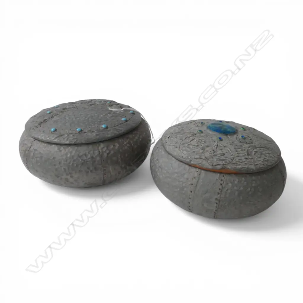  TWO PEWTER OVERLAY ON WOOD TRINKET BOXES Image 1++