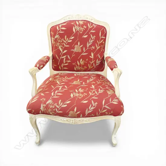 FRENCH STYLE LOUIS ARMCHAIR IN RED FLORAL UPHOLSTERY