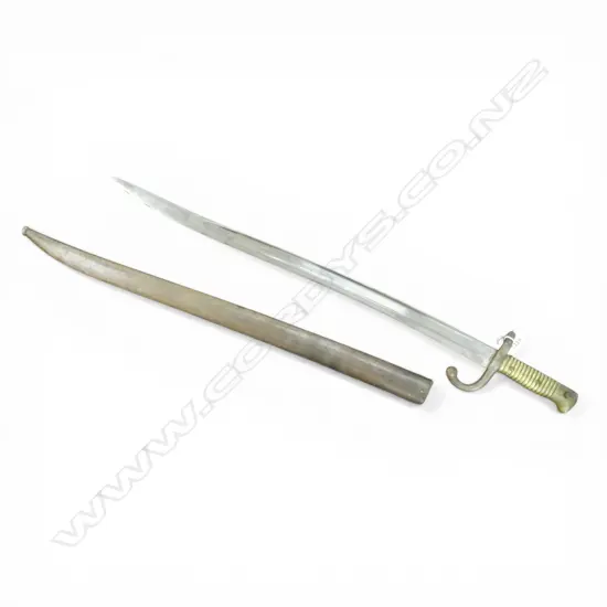 19thC FRENCH CHASSEPOT 1866? BAYONET with yataghan blade, hilt stamped X 32995 & P 109, blade A&A.S, in scabbard L.710mm