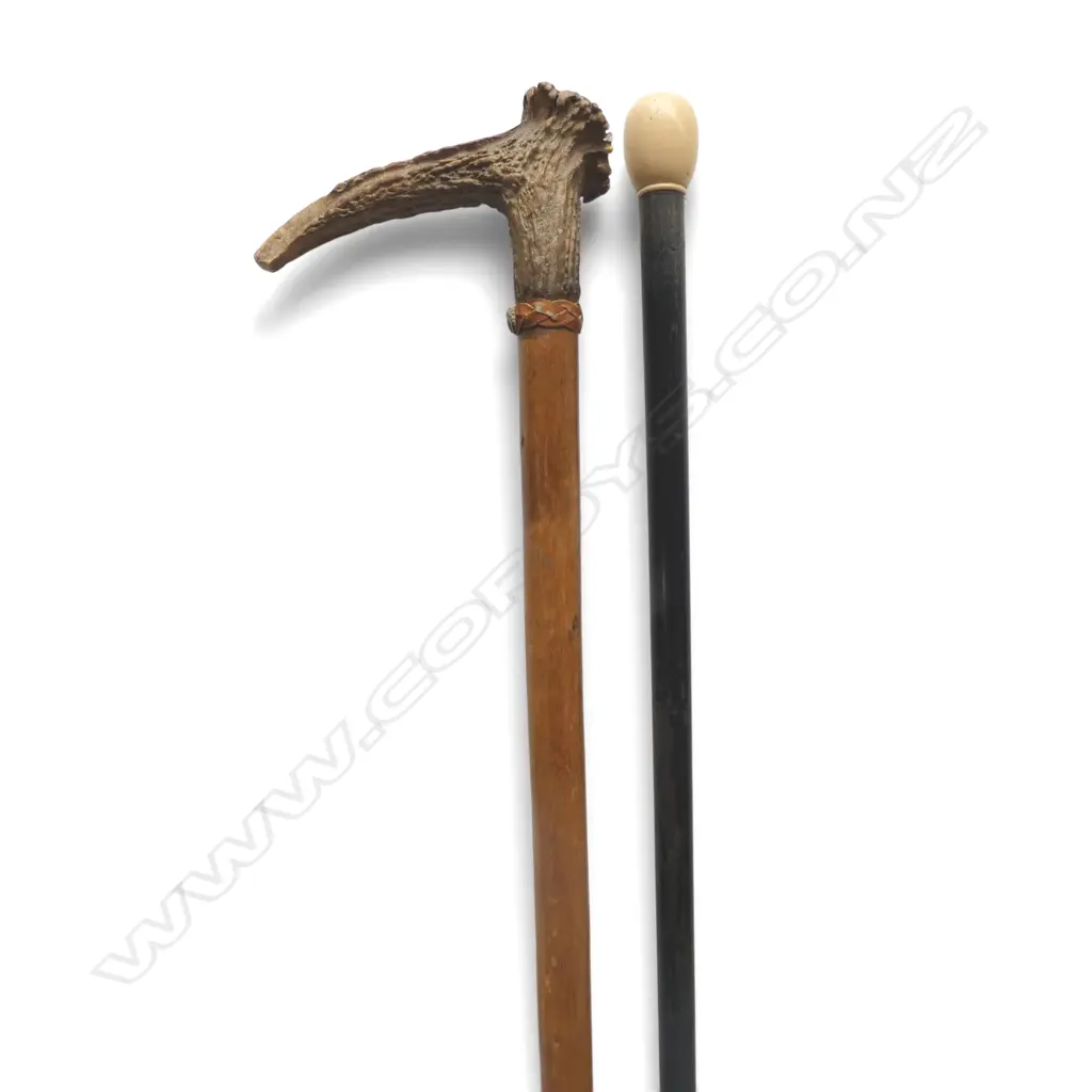 TWO VINTAGE WALKING STICKS, DEER ANTLER TOPPED & IVORY KNOB Image 1++